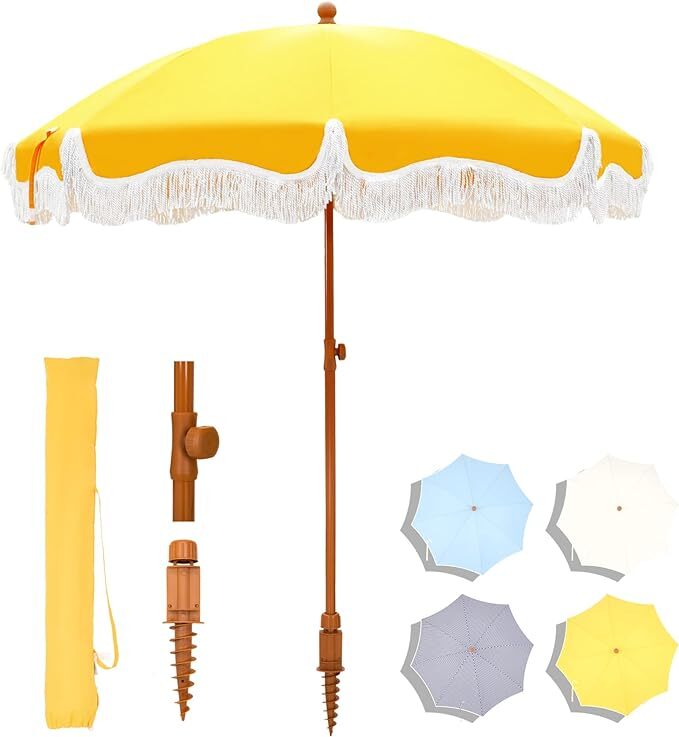 7 ft Patio Umbrellas Outdoor Auto-Tilt Beach Umbrella with Fringe and Carry Bag