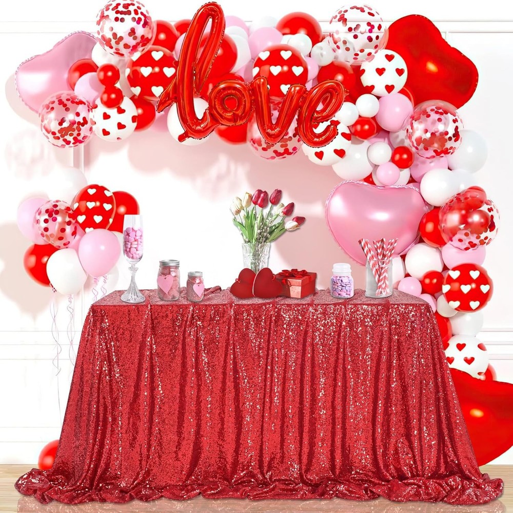 QueenDream Sequin Tablecloth 90"x156" Red Tablecloth Rectangular Party