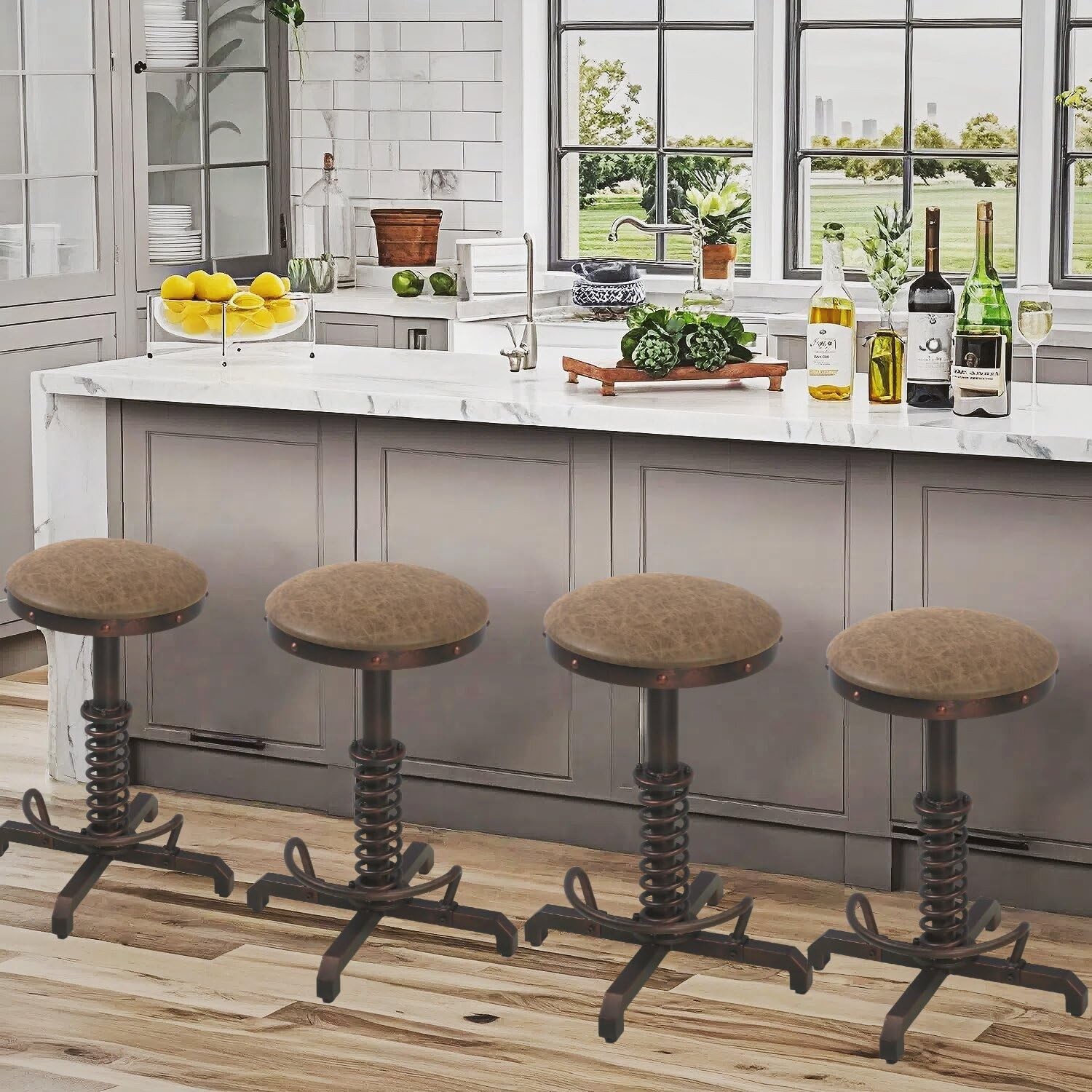 Farm Vintage Leather Tractor Stool Swivel Adjustable Kitchen Counter Set of 2