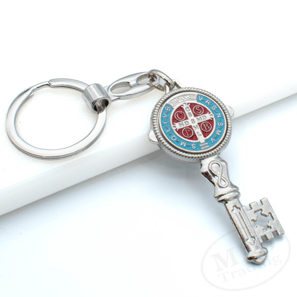 Saint St Benedict Key Shaped Medal Pendant Key Chain Silver & Blue - Religious