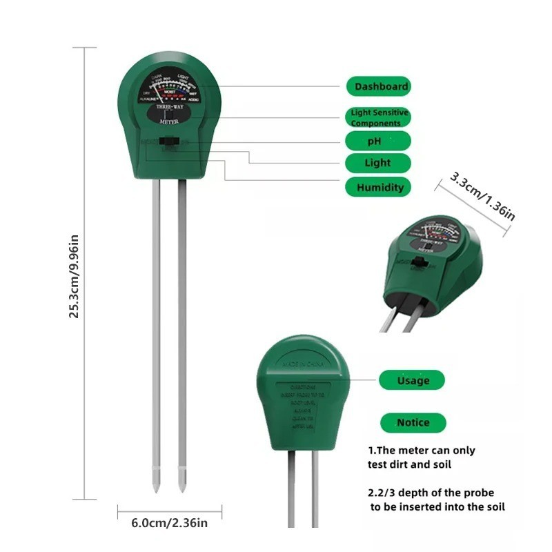 Soil Tester for pH, Sunlight & Moisture – temperature Acidity Measurement tool