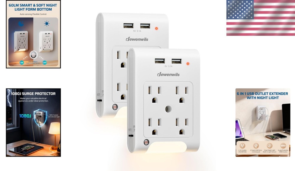 Certified USB Outlet Extender, Surge Protector, 2 Pack