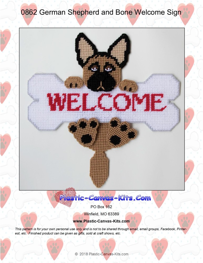 German Shepherd Dog and Bone Welcome Sign- Plastic Canvas Pattern or Kit