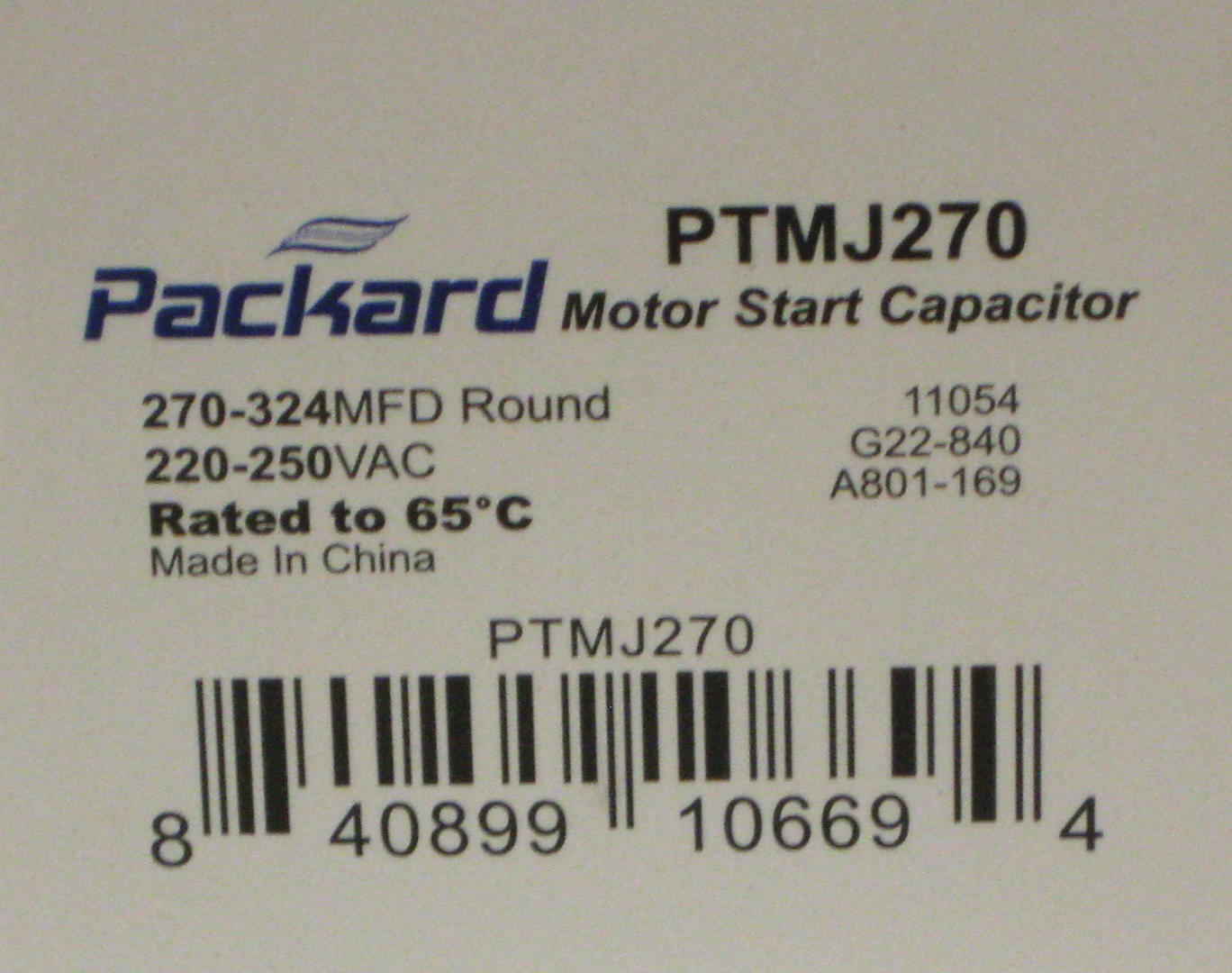 Packard PTMJ270 Motor Start Capacitor. 270-324 MFD UF / 220-250 VAC