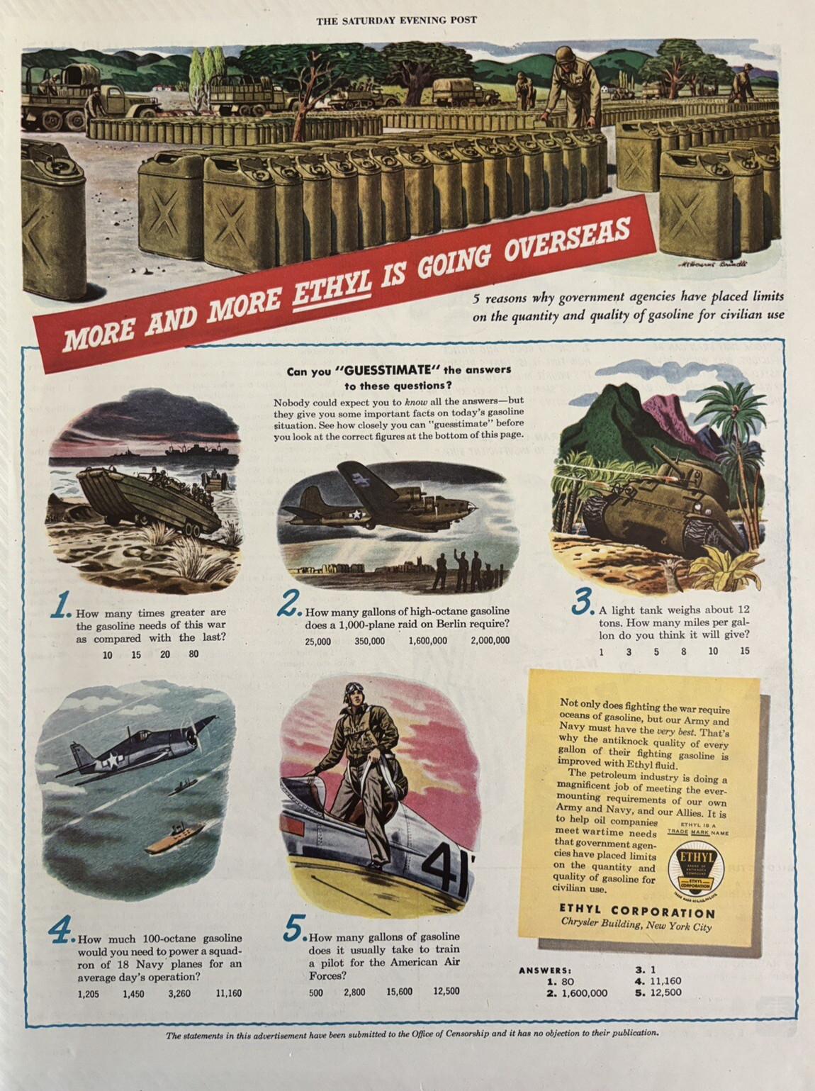 1944 Ethyl Corporation Gasoline Fuel WWII Overseas Navy Petroleum VTG Print Ad
