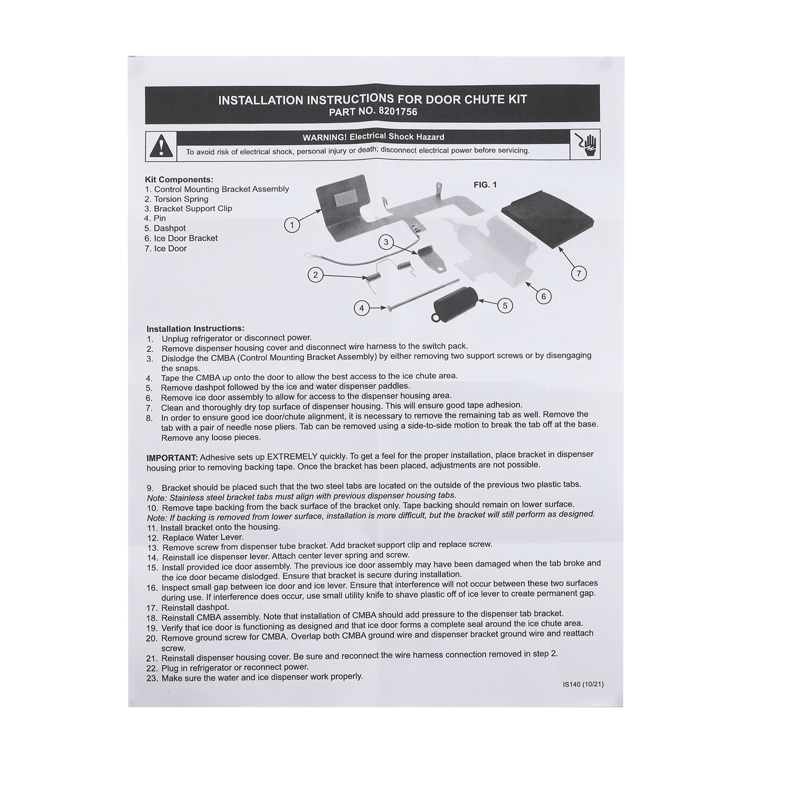 8201756 Dispenser Door Chute Kit for Whirlpool Refrigerator AP3872692 & PS990120