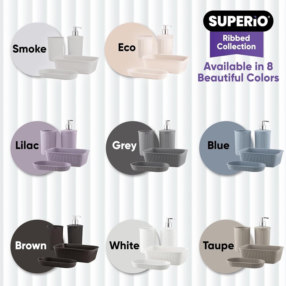 Superio Ribbed Collection - Decorative Plastic Bathroom Accessories Set, Grey