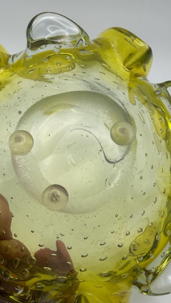 Vtg Murano Double Ruffled Controlled Bubbles Console Dish Ashtray Lime Yellow