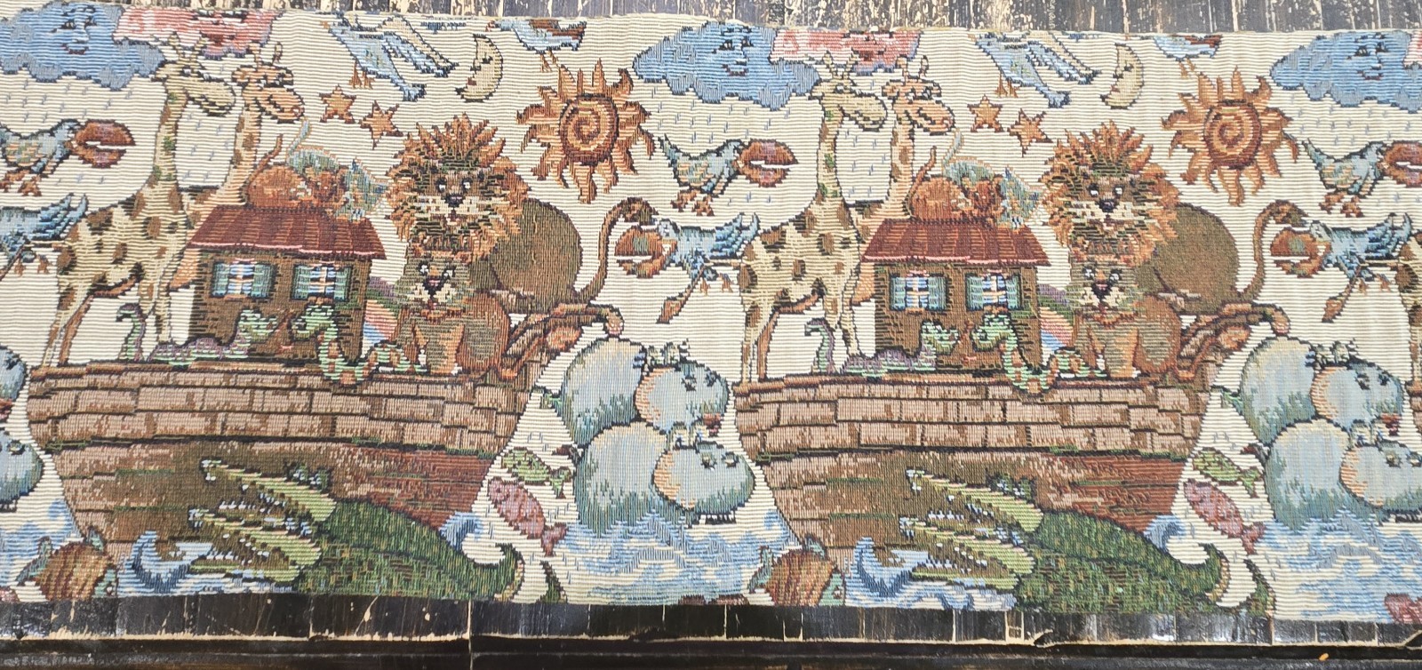 Vintage Noah's Ark Table Runner Folk Art Tapestry Country Hearts 56" x 9 3/4"