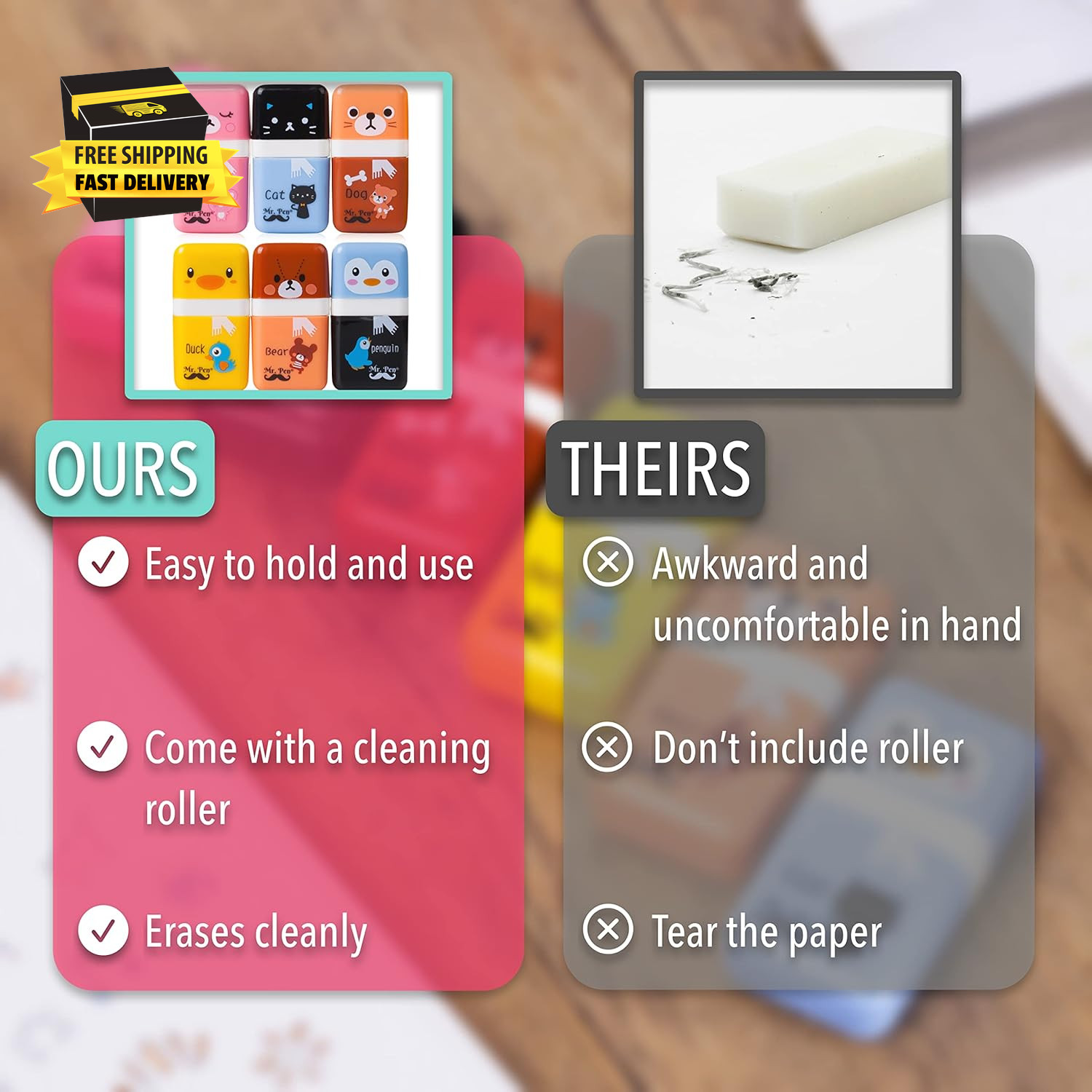 - Eraser with Cover and Roller, 6 Pack, Animal Theme, Cute Erasers for Kids ⭐️⭐️