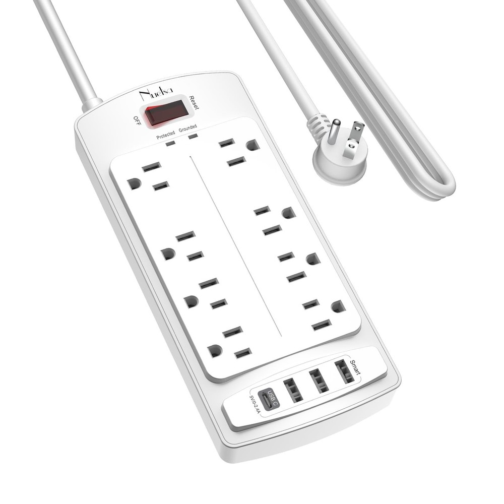 Surge Protector Power Strip - Nuetsa Flat Plug Extension Cord 10 Ft, White