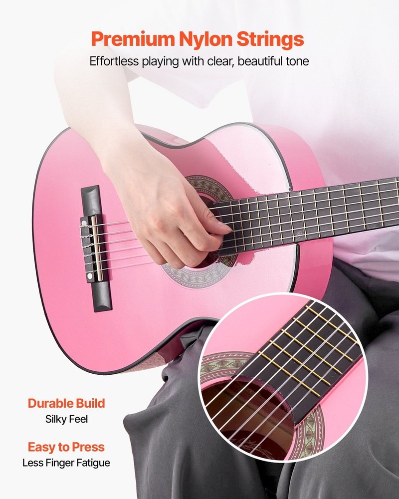 Pink 30in Classical Guitar Kit for Beginners: Nylon Strings, Tuner, Strap, Picks