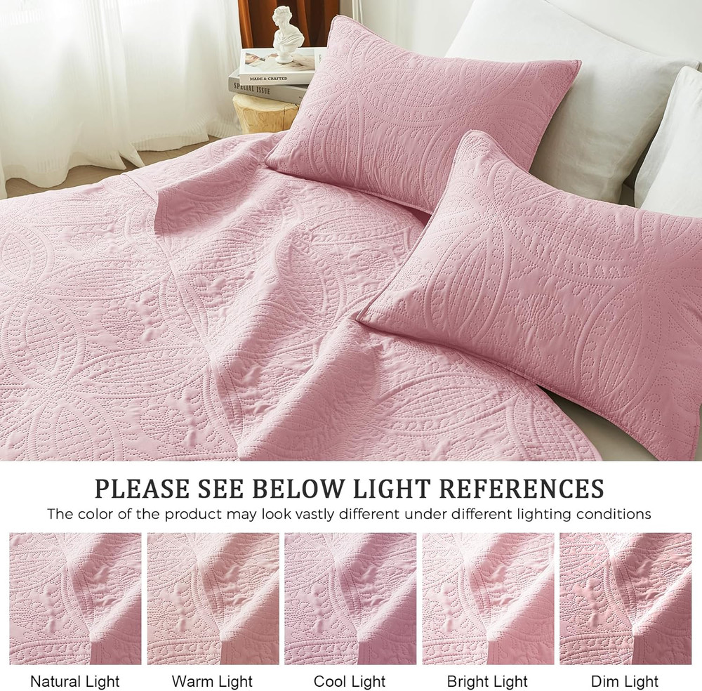 Full/Queen Quilt Set,Pink Lightweight Bedspread with Coin Pattern, Soft Microfib