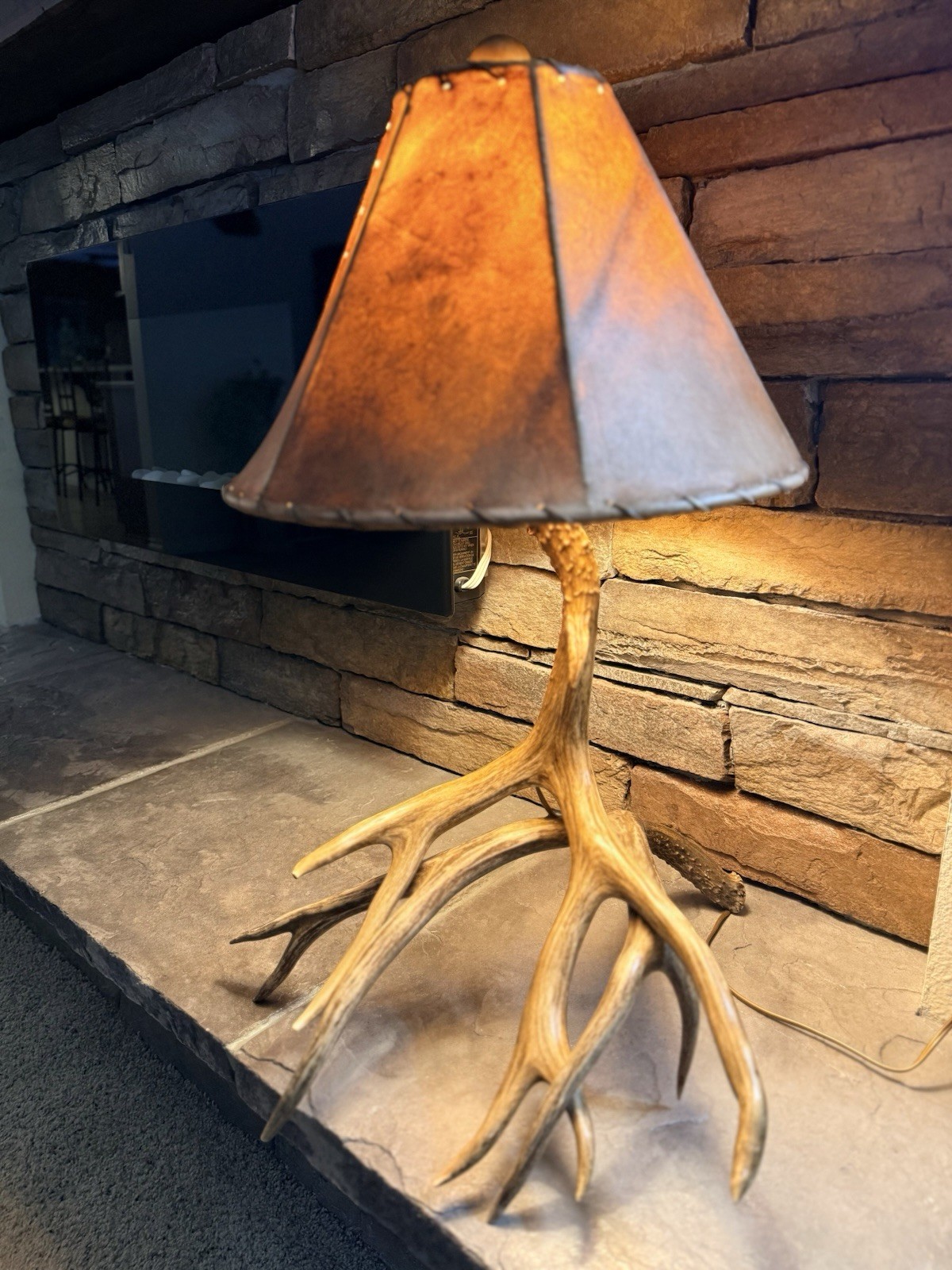 27” Large Trophy 5 Point Antler Mule Deer Vintage Lamp, Rawhide Shade