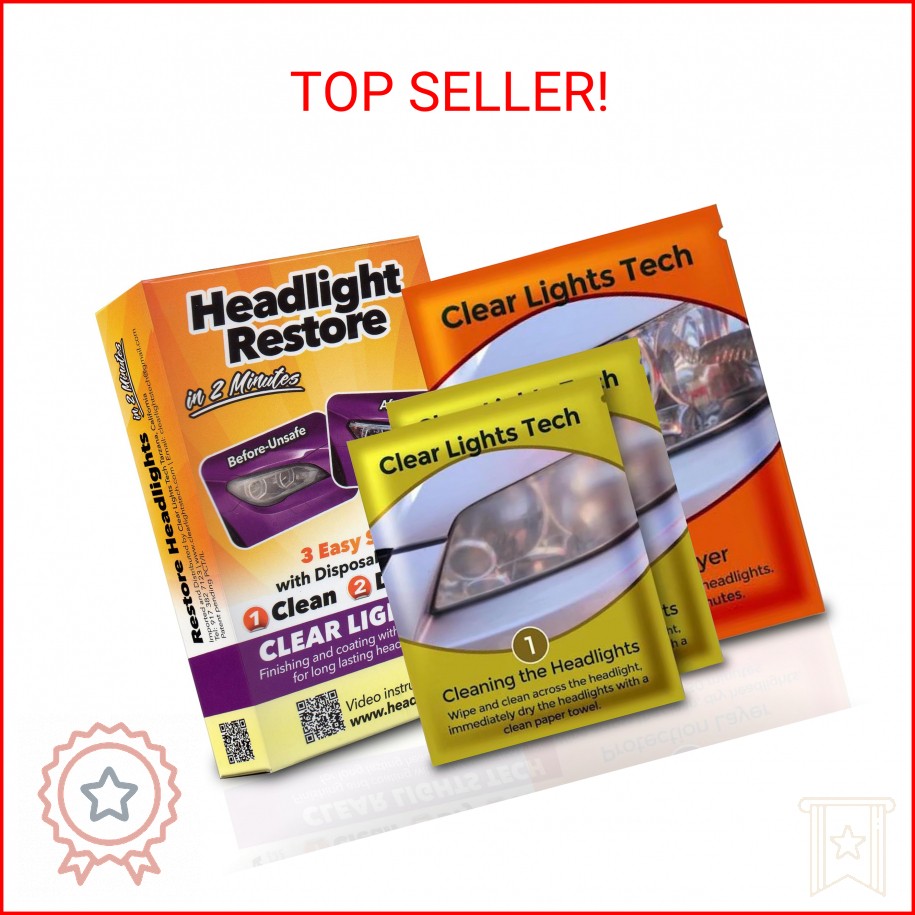 Clear Lights Tech, Headlight Restoration Kit - Headlight Cleaner 3-Wipe System,
