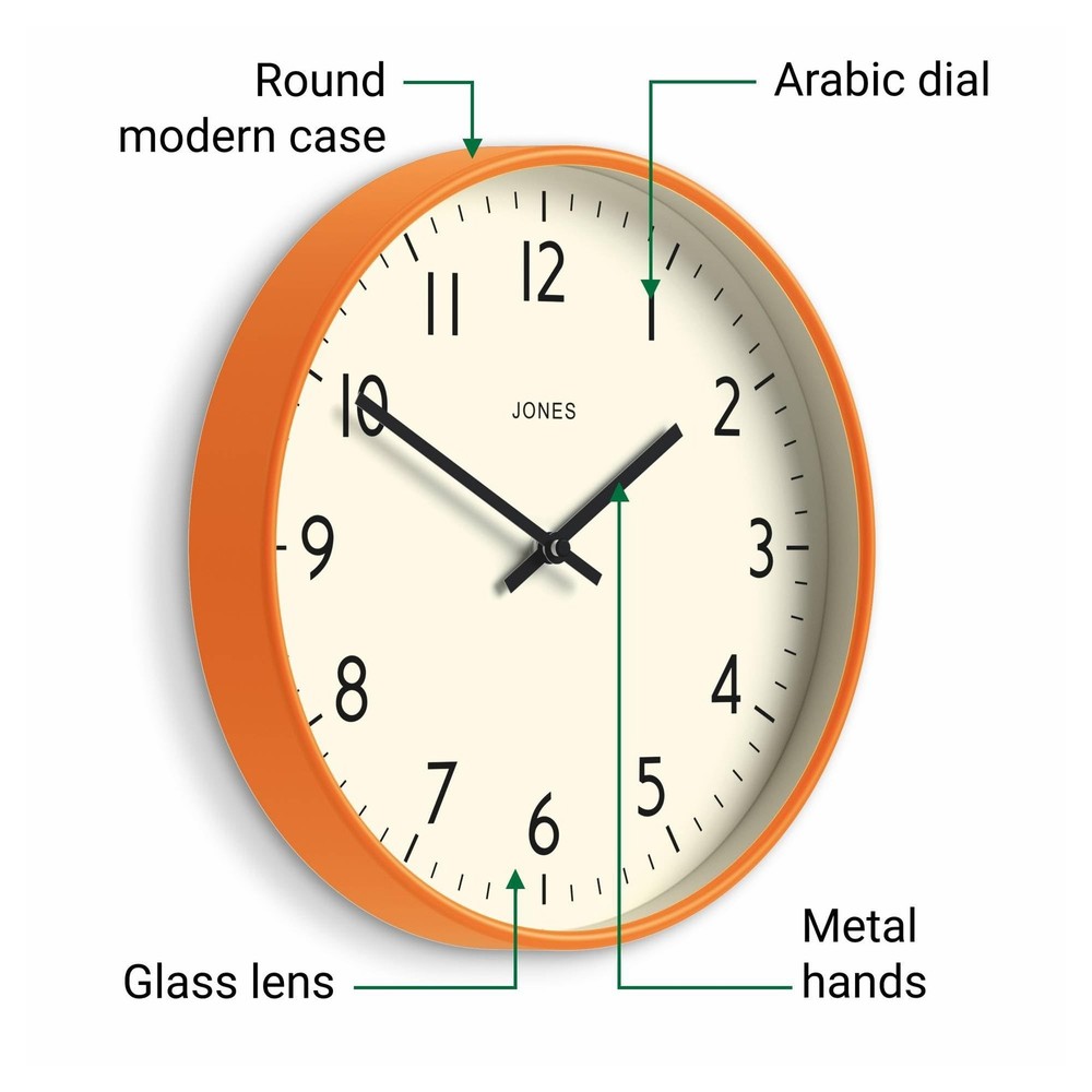 JONES CLOCKS® Studio wall Clock | Modern Round Style | 12 inch | Orange | E