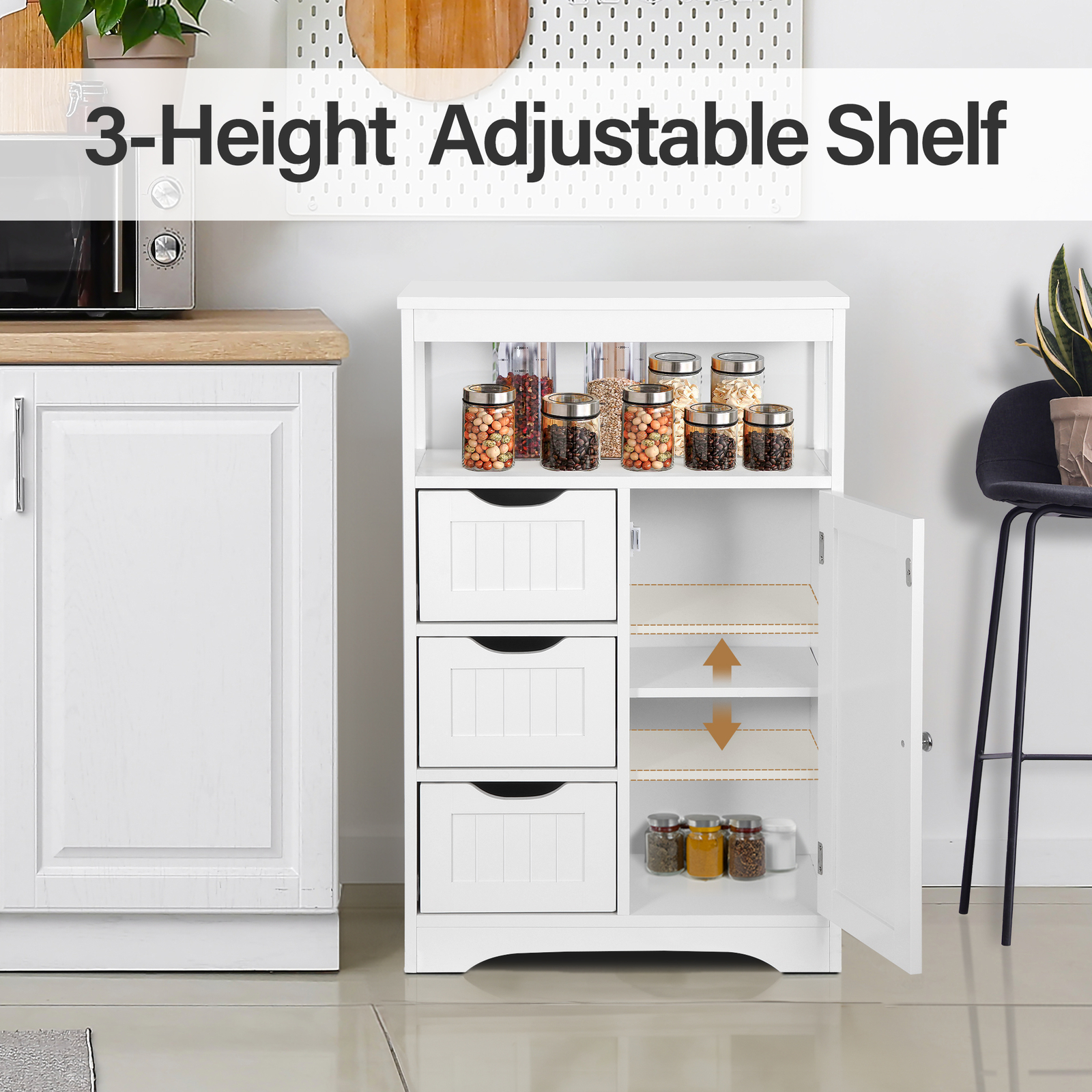 Bathroom Floor Cabinet Storage Organizer Adjustable Shelf with 1 Door 3 Drawers