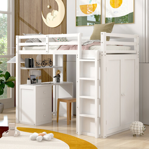 Twin Full Size Loft Bed with Desk Wardrobe Storage Cabinet Solid Wood Bed Frames