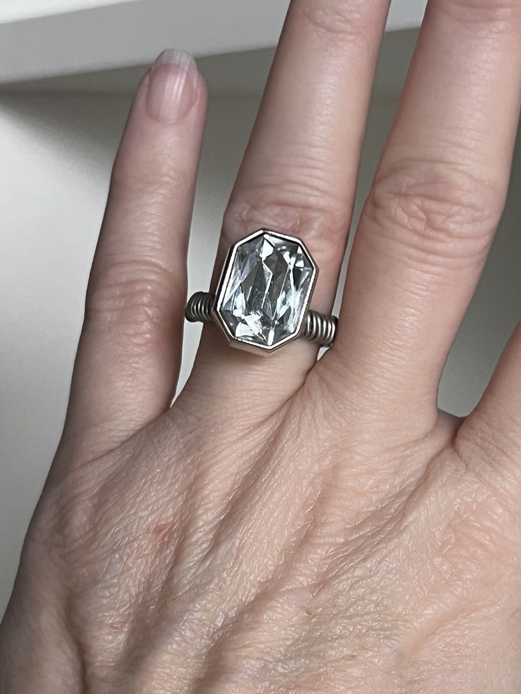 Silver and Crystal Sparkly Wire Wrapped Button Ring Size 6