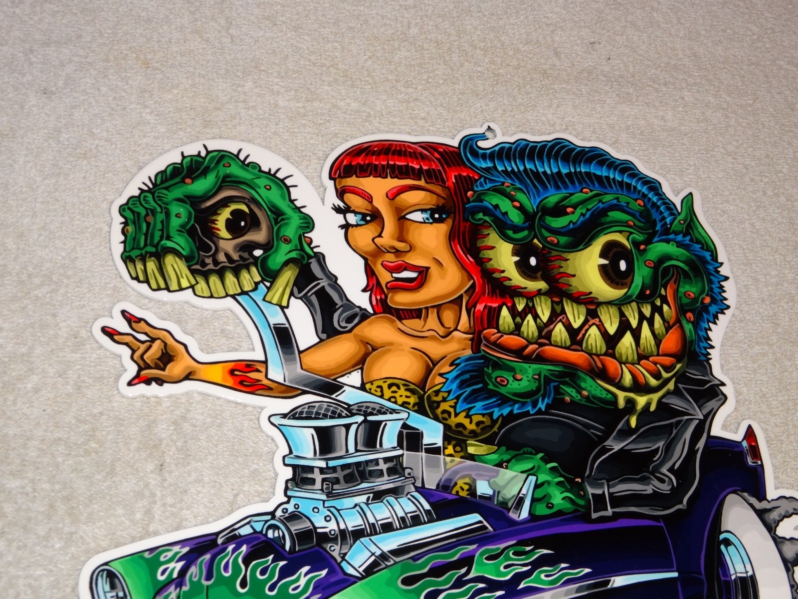 VINTAGE RATFINK DRIVES CAR W/ WOMAN MONSTER 12" METAL GASOLINE OIL RAT FINK SIGN