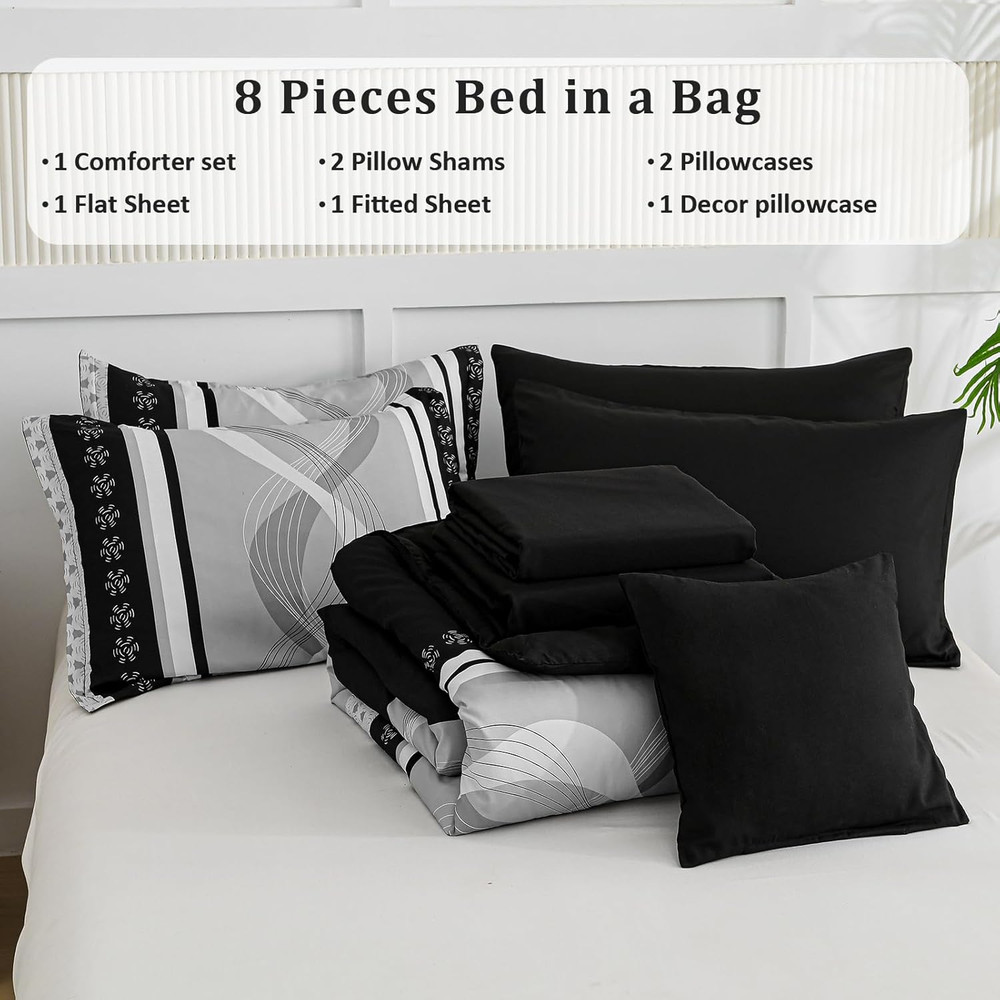 Black Comforter Set Queen Size,8 Pieces Boho Bed in a Bag Patchwork Striped Comf