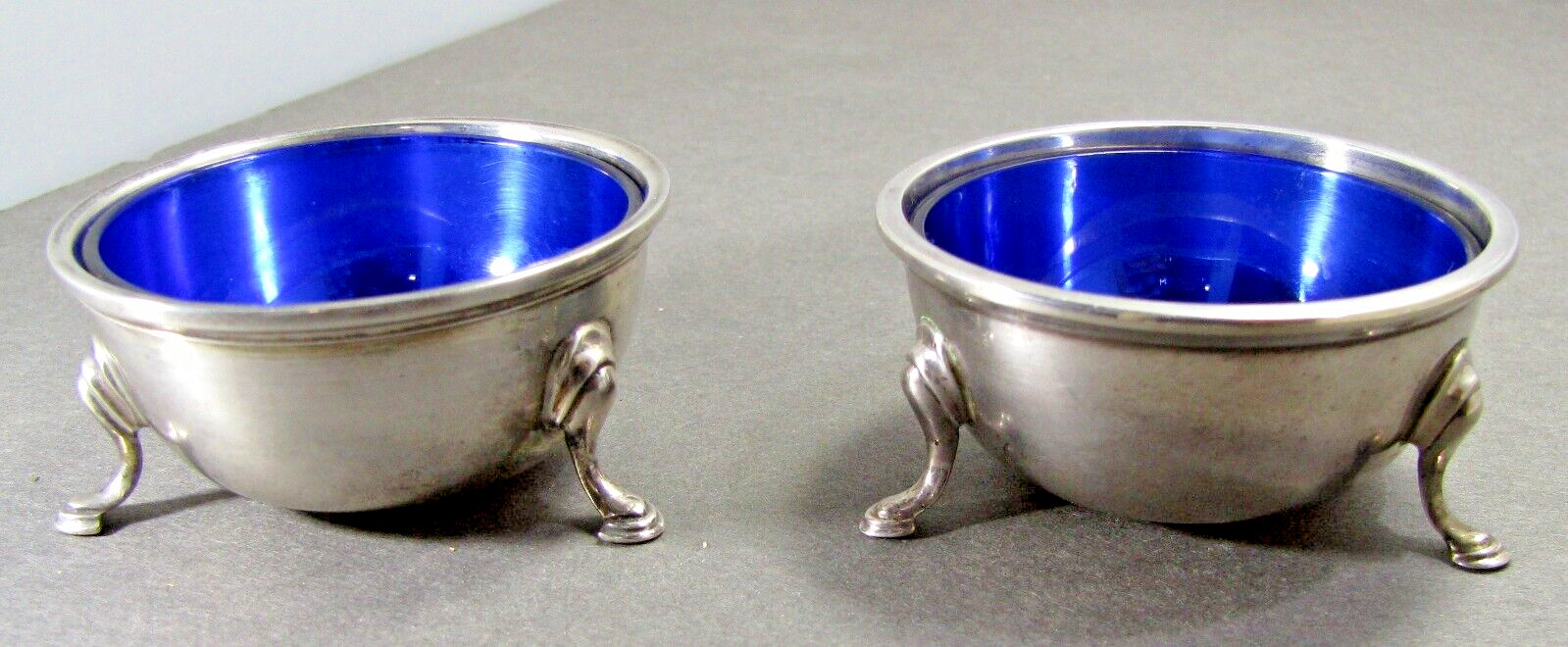 Matching Pair of Hoof Footed Sterling Silver Open Salts w Cobalt Blue Liners 83g