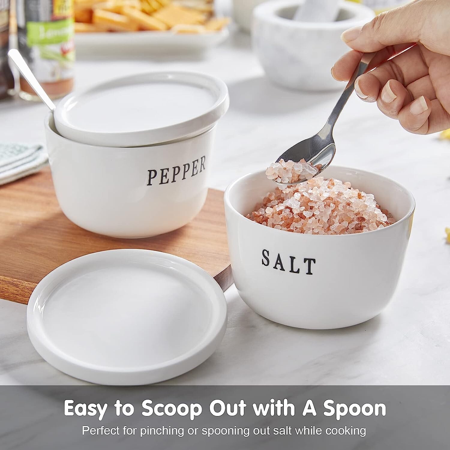 Set of 2 Ceramic Salt and Pepper 10 oz Bowls Container Set with Lids, White