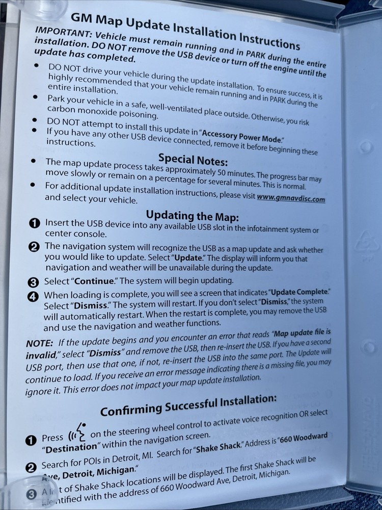 GM 2019 Navigation System Map Update North America Map Data USB