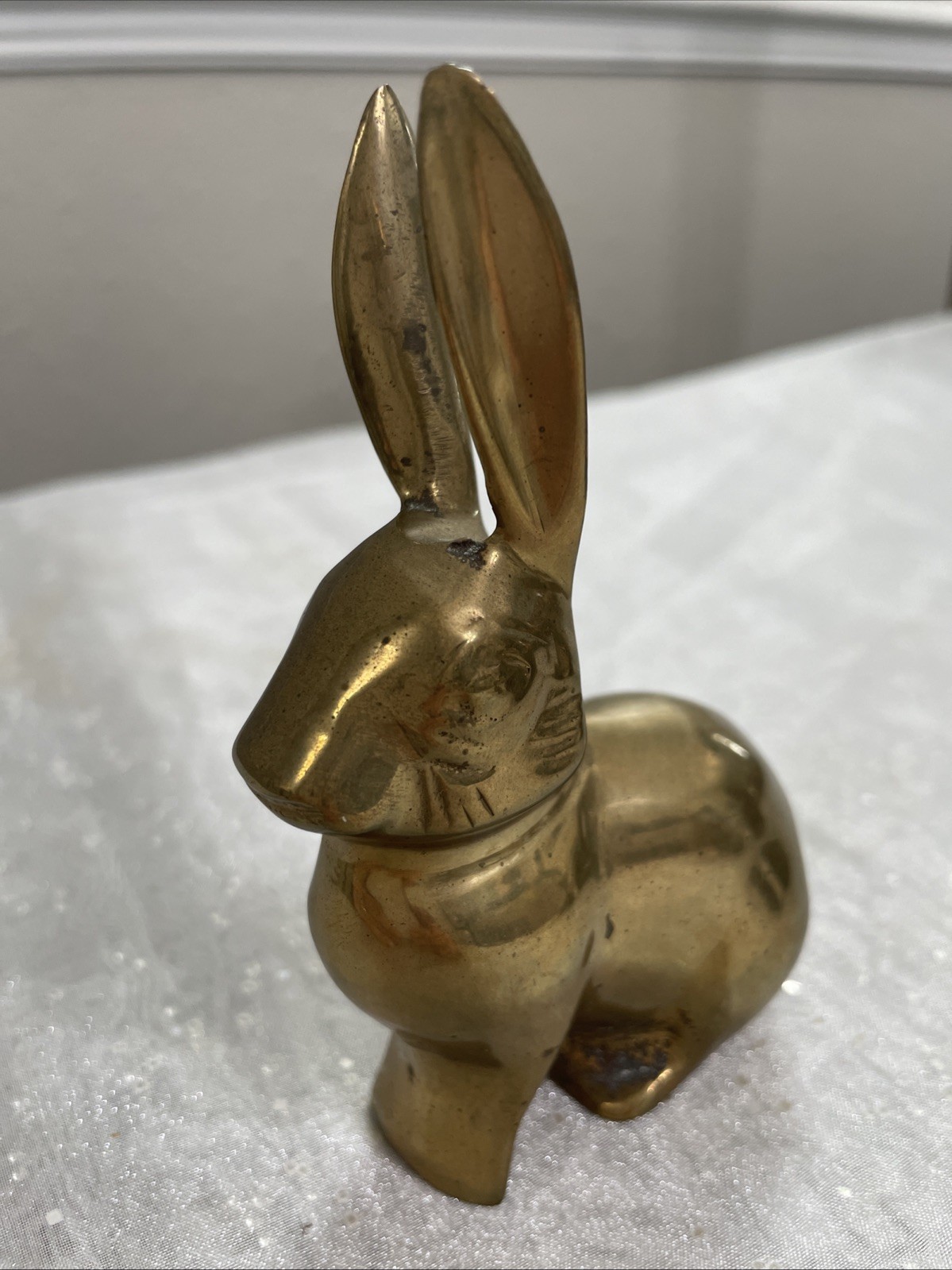 VTG Solid Brass Bunny Rabbit Figurine Paperweight ~Long Ear ~ India 3”Lx4.25”H