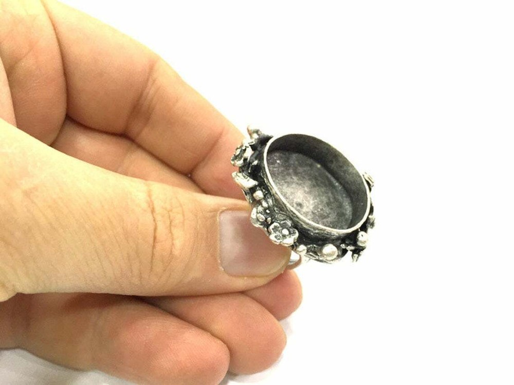 Flower Round Blank Ring Settings Bezel Cabochon Mountings Adjustable Silver