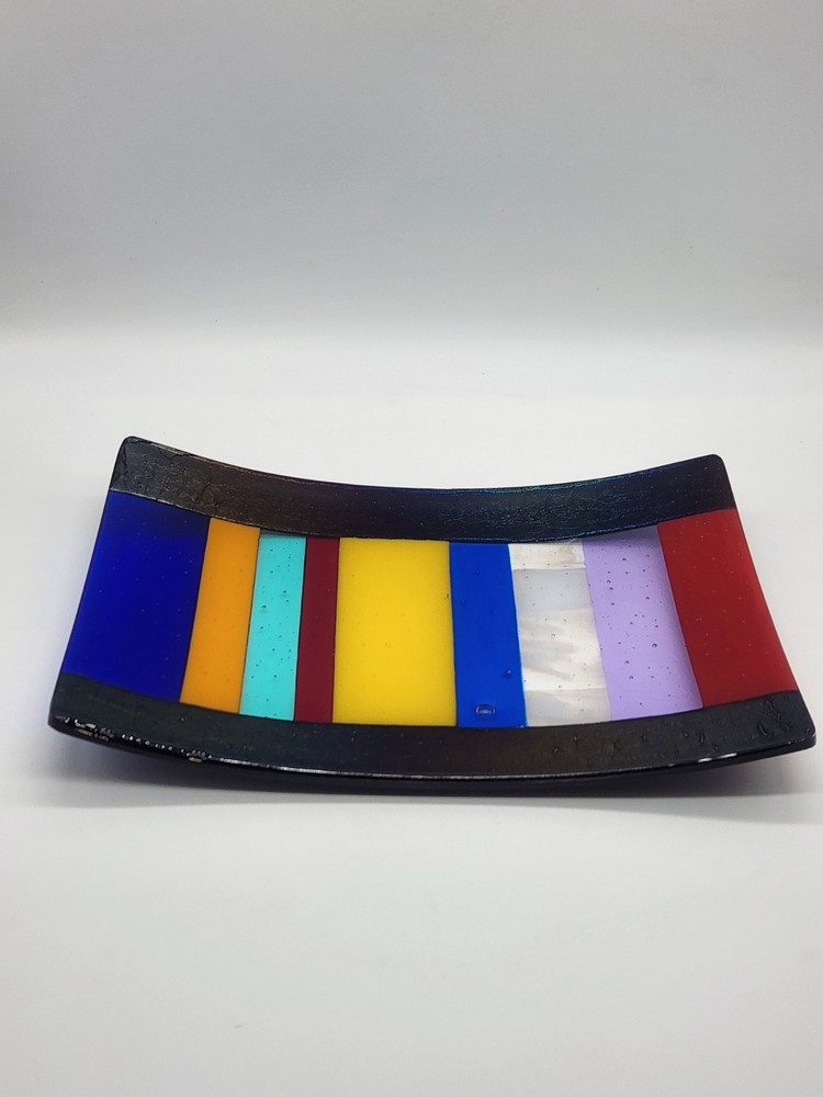 Hand Crafted Fused Art Glass Tray Dichroic Multicolor Striped Rectangular Decor