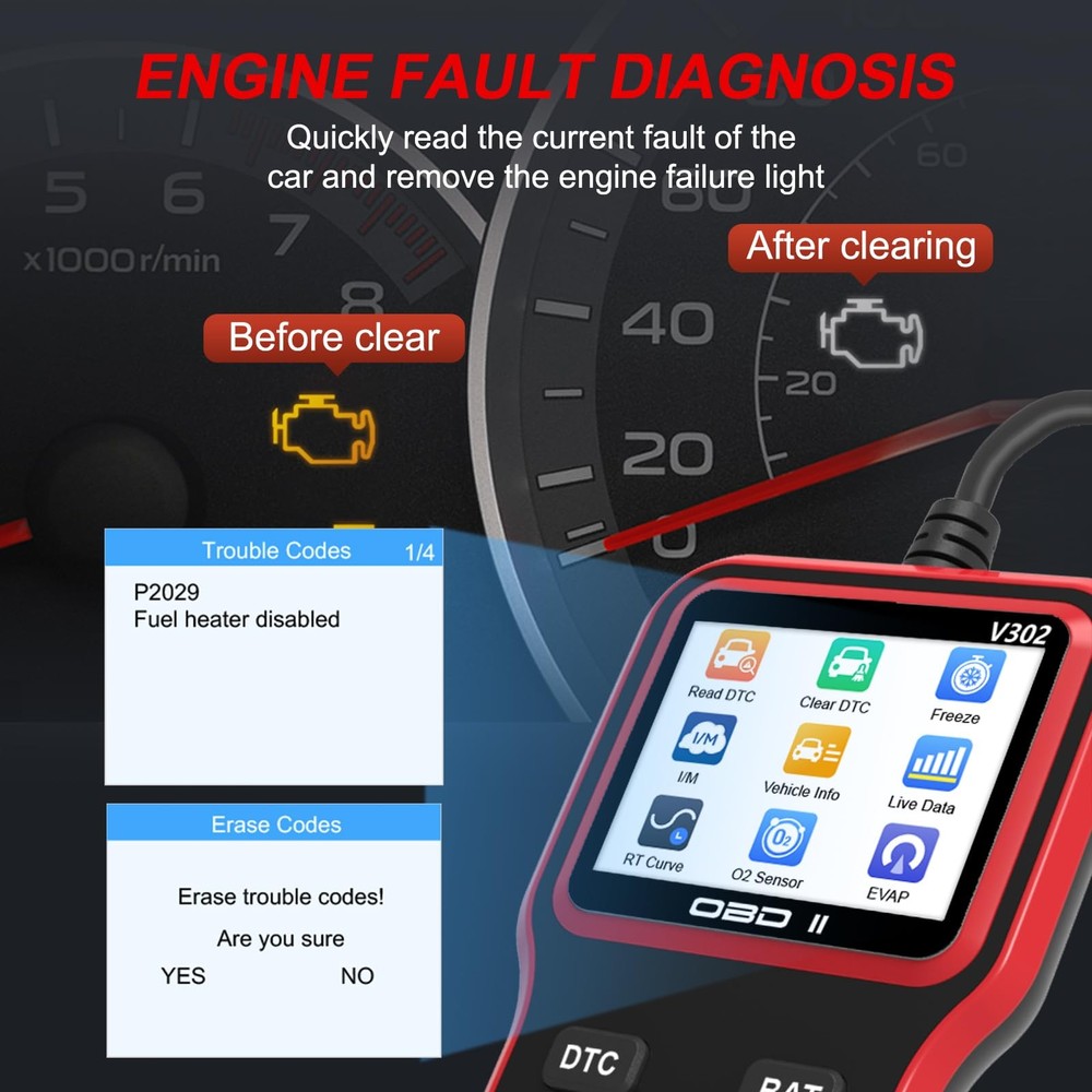 OBD2 Scanner Car Code Reader Battery Voltage Test O2 Sensor Live Data EVAP Test