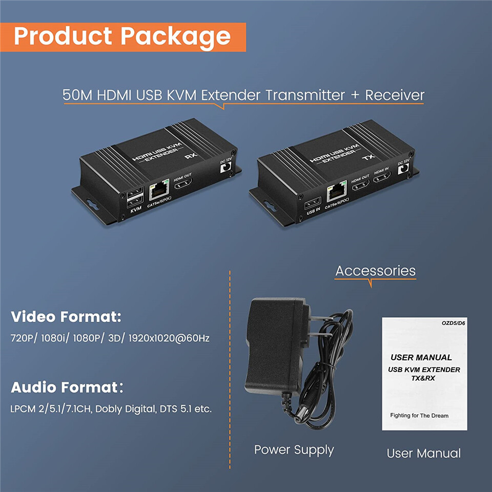 60M HDMI KVM Extender over Ethernet Cat5e/6 KVM USB POC Cable HDMI Loop Extender