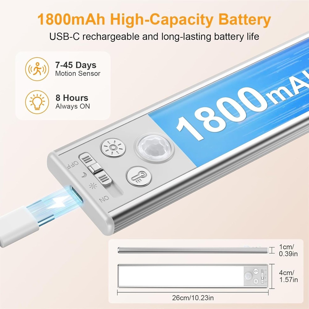 2 Pack Under Cabinet Light Motion Sensor Rechargeable 84 LED Super Bright Silver