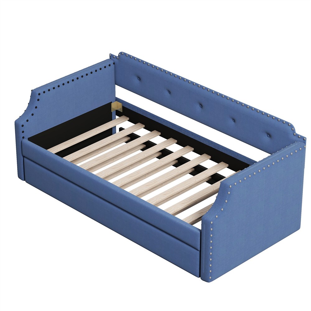 Twin Size Daybed w/ Pull Out Trundle Bed Upholstered Bed Frame Sofa Bed Blue