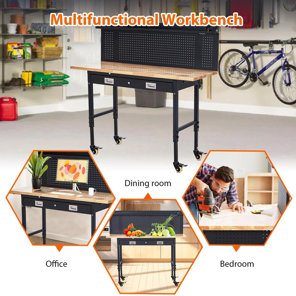 60" Adjustable Workbench ,Rubber Wood Work Table Garage w/Power Outlet & Wheels
