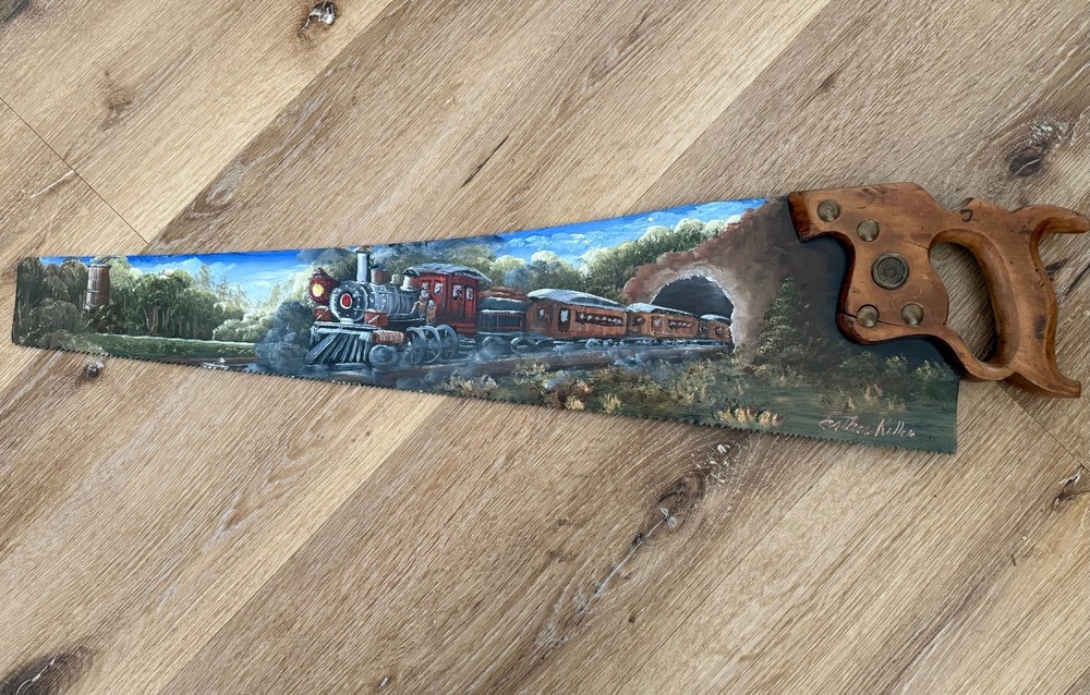 Hand Painted Decorative Saw Featuring a Steam Train Scene