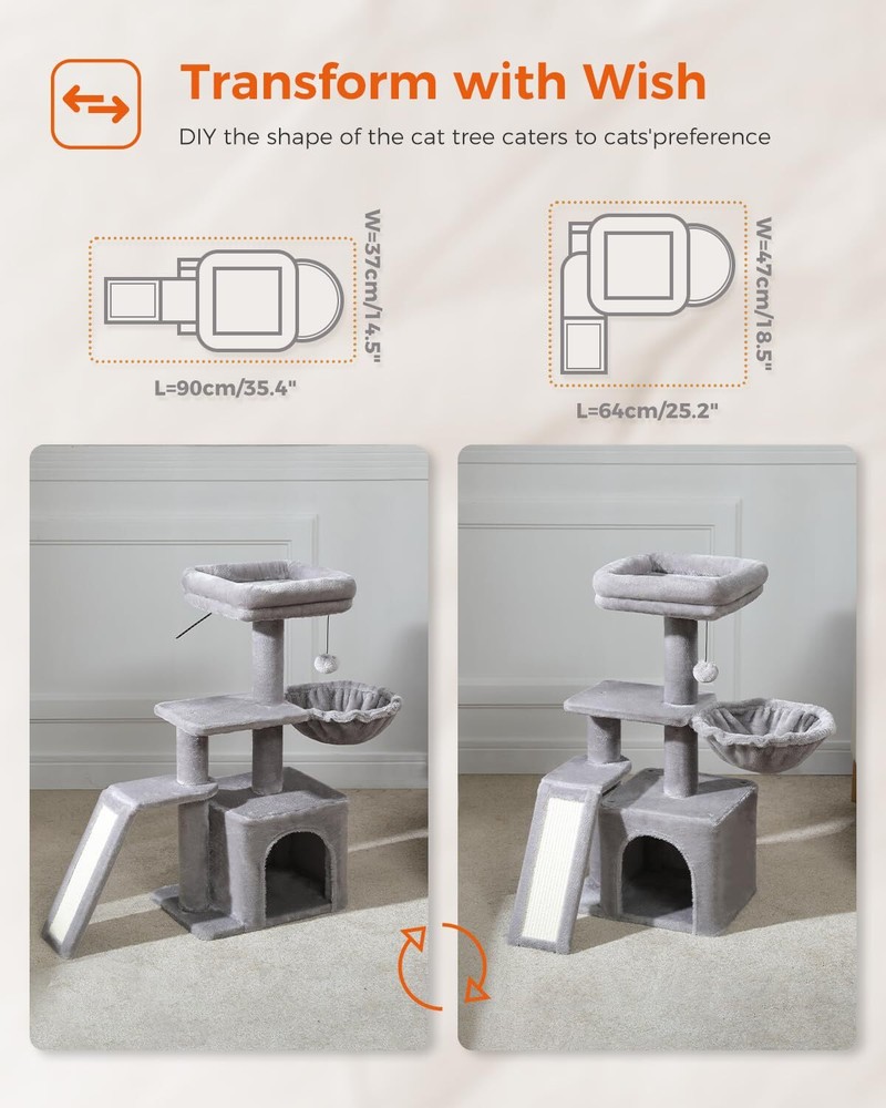 Small Cat Tree 32'' with Scratching Ramp Hammock and Top Bed Perch Grey