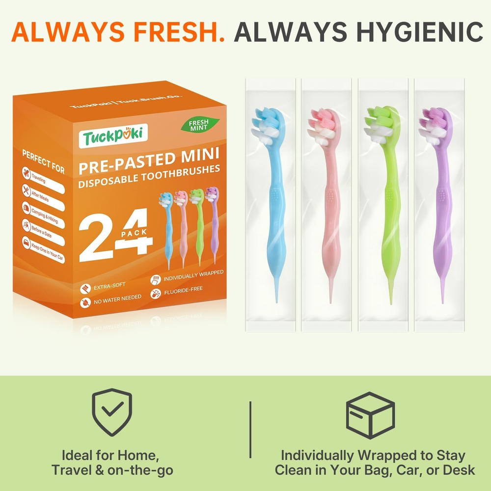 24-Pack Pre-Pasted Mini Travel Toothbrushes, Individually Wrapped Value Pack,...