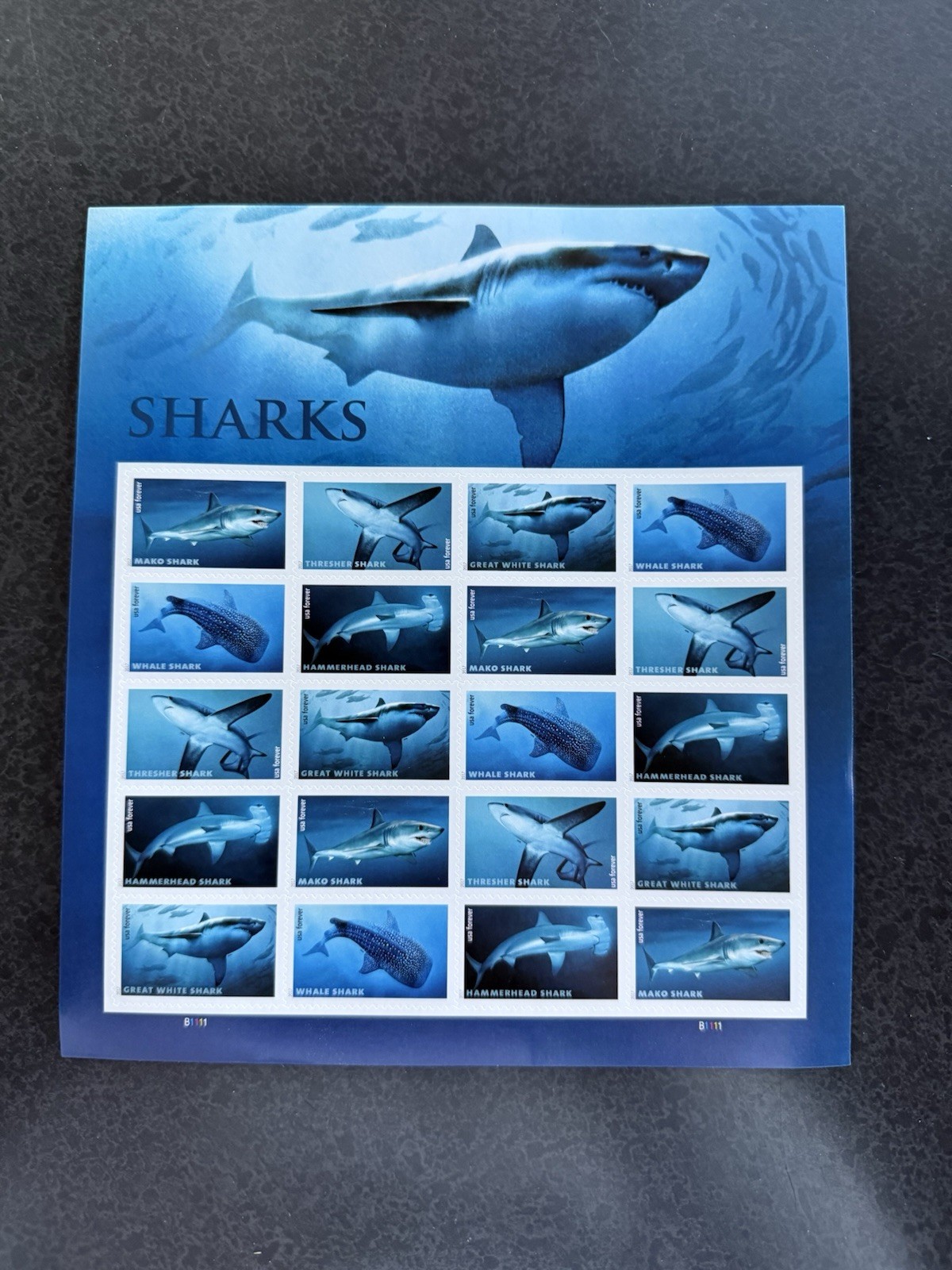 USPS Postage Stamps Sheet of 20 - Sharks - First Class Letter