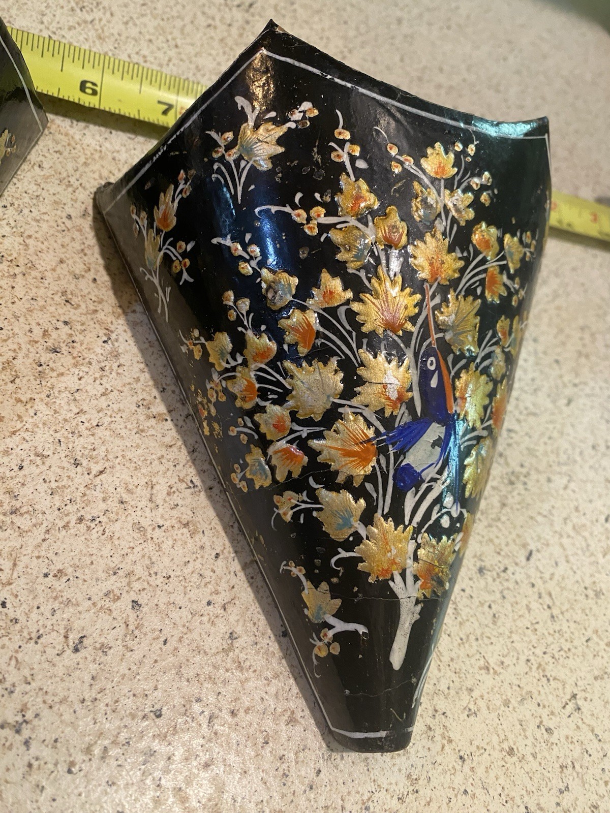 Set Of VINTAGE ASIAN CHINOESERIE BLACK LACQUER WALL POCKETS Orange Florals Birds