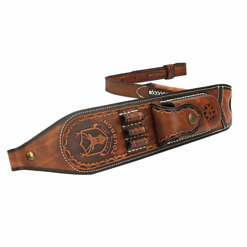 Tourbon Retro Leather Rifle Sling Gun Ammo Carrying Strap w/Knife Sheath Pocket