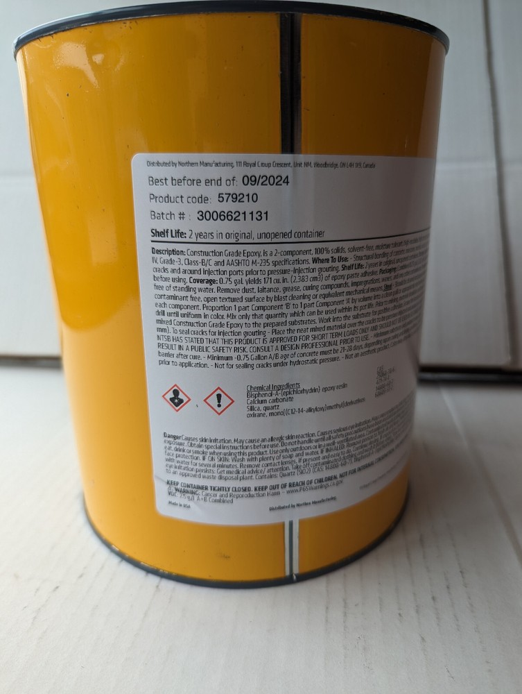 Construction Grade Epoxy paste adhesive Northern MFG 579215 components A B