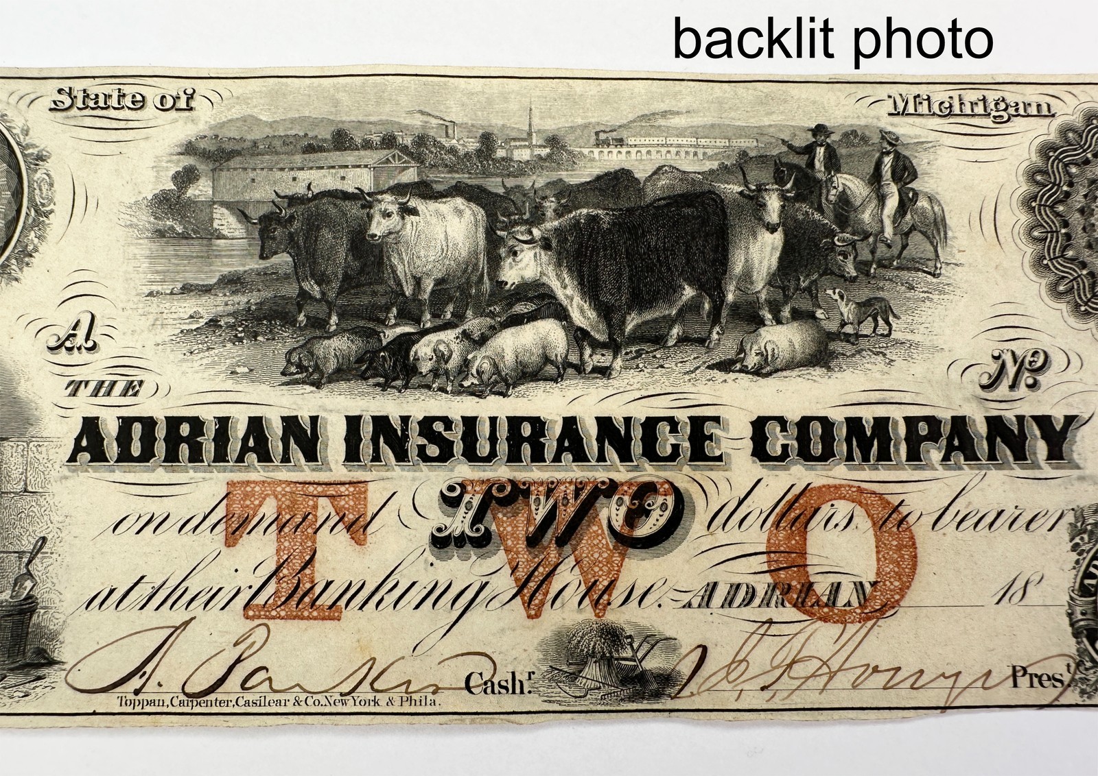 1853 $2 Adrian Insurance Company Michigan Obsolete Bank Note Two Dollars Bill MI