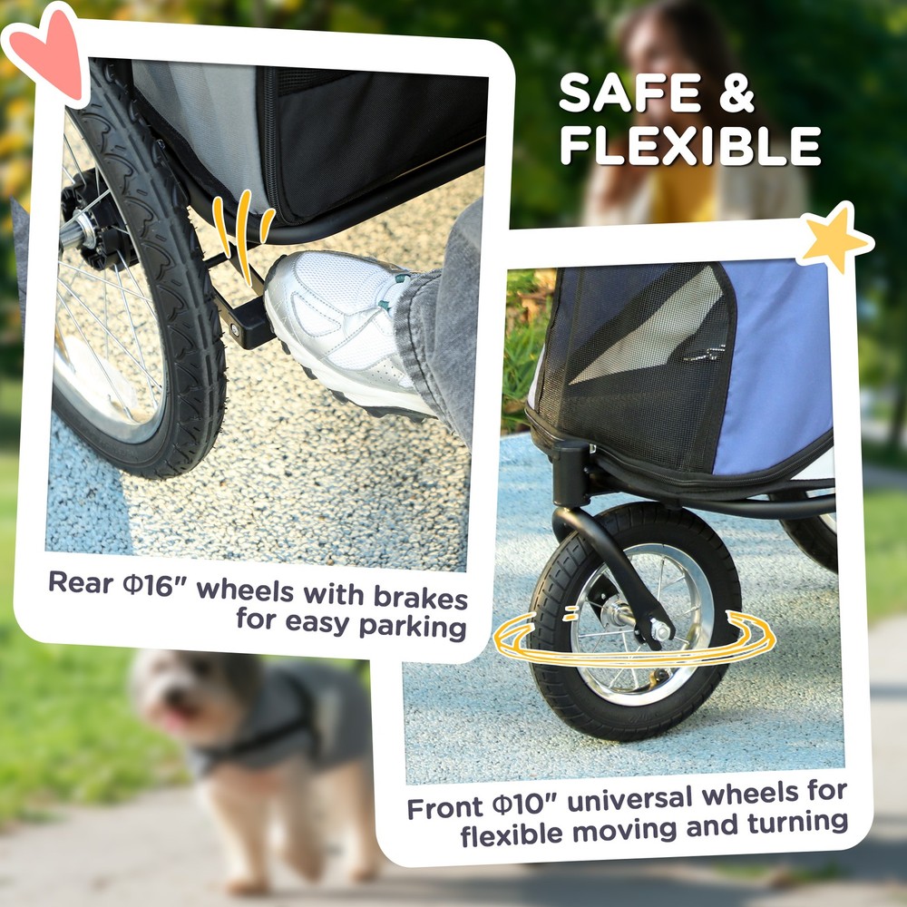 3 Wheels Dog Stroller w/ One-Hand Fold, Rubber Wheels, Blue