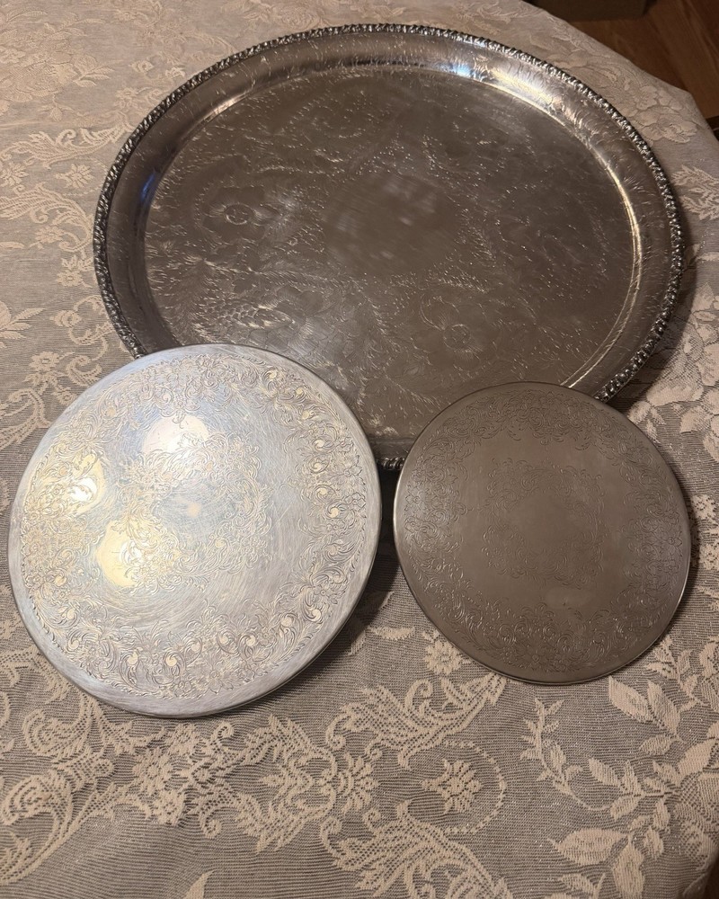 Vintage Silverplate Trivet Set of 2 Engraved Solid Mid Century