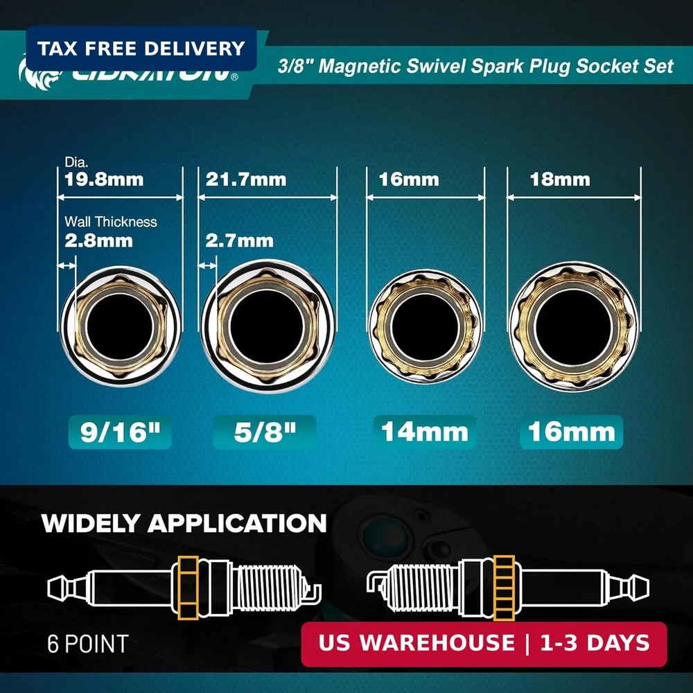 LIBRATON 8PCS 3/8"Dr. Magnetic Spark Plug Socket Set, Include Gapper & Extension
