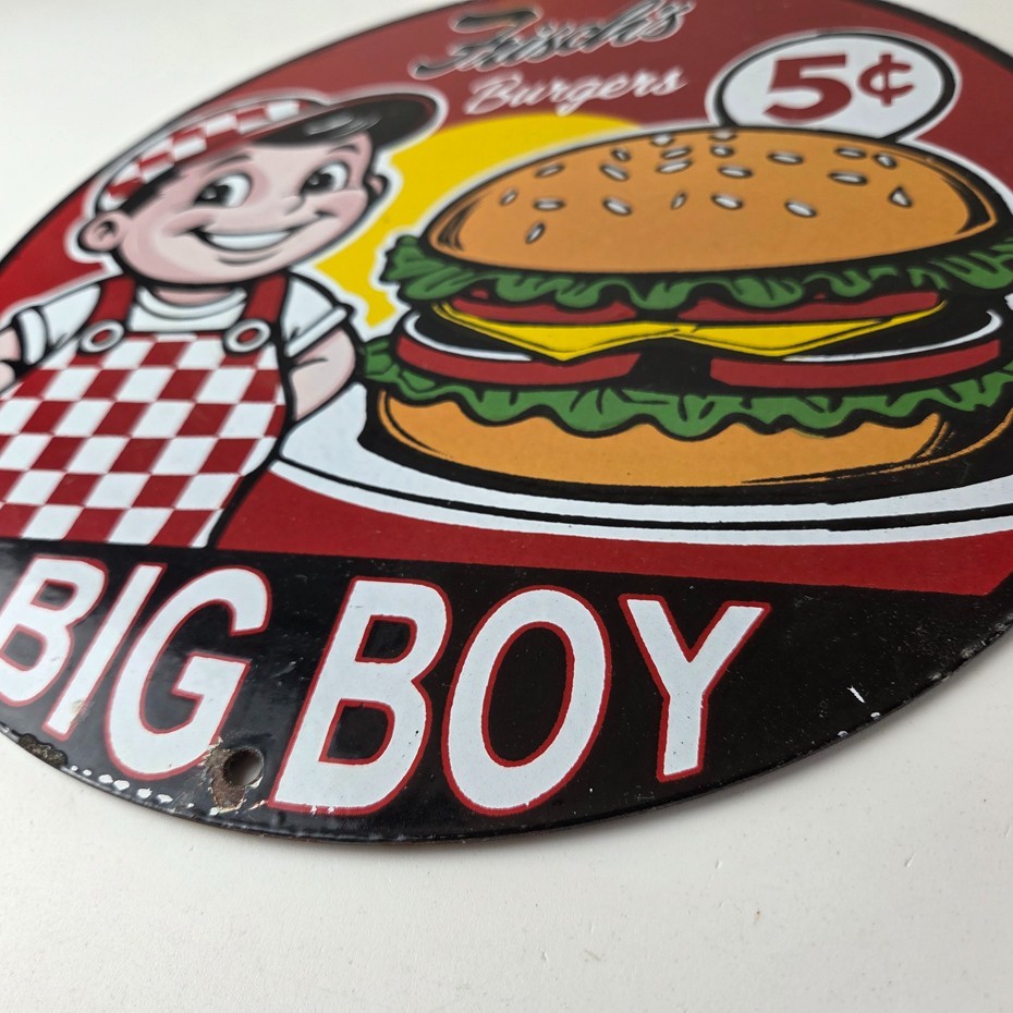 Vintage Big Boy Sign - 5 Cent Frisch's Fast Food Porcelain Gas Pump Sign
