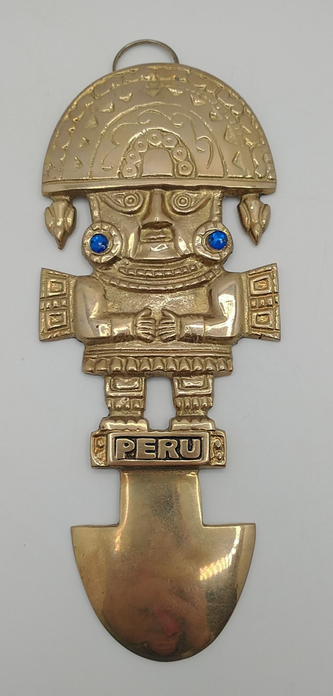 Vtg Brass Peru Peruvian Inca Tumi Ceremonial Hanging Wall Art Blue Rhinestones
