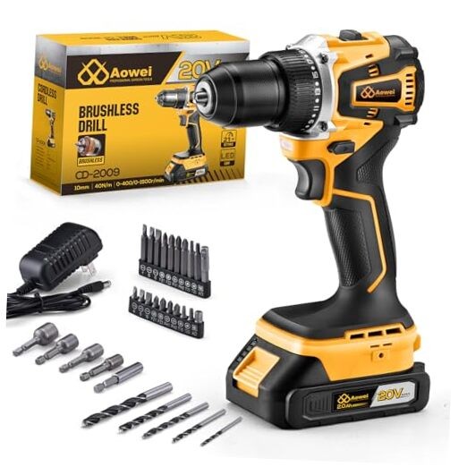20V Brushless Cordless Drill/Driver, Compact Power Drill Set Yellow